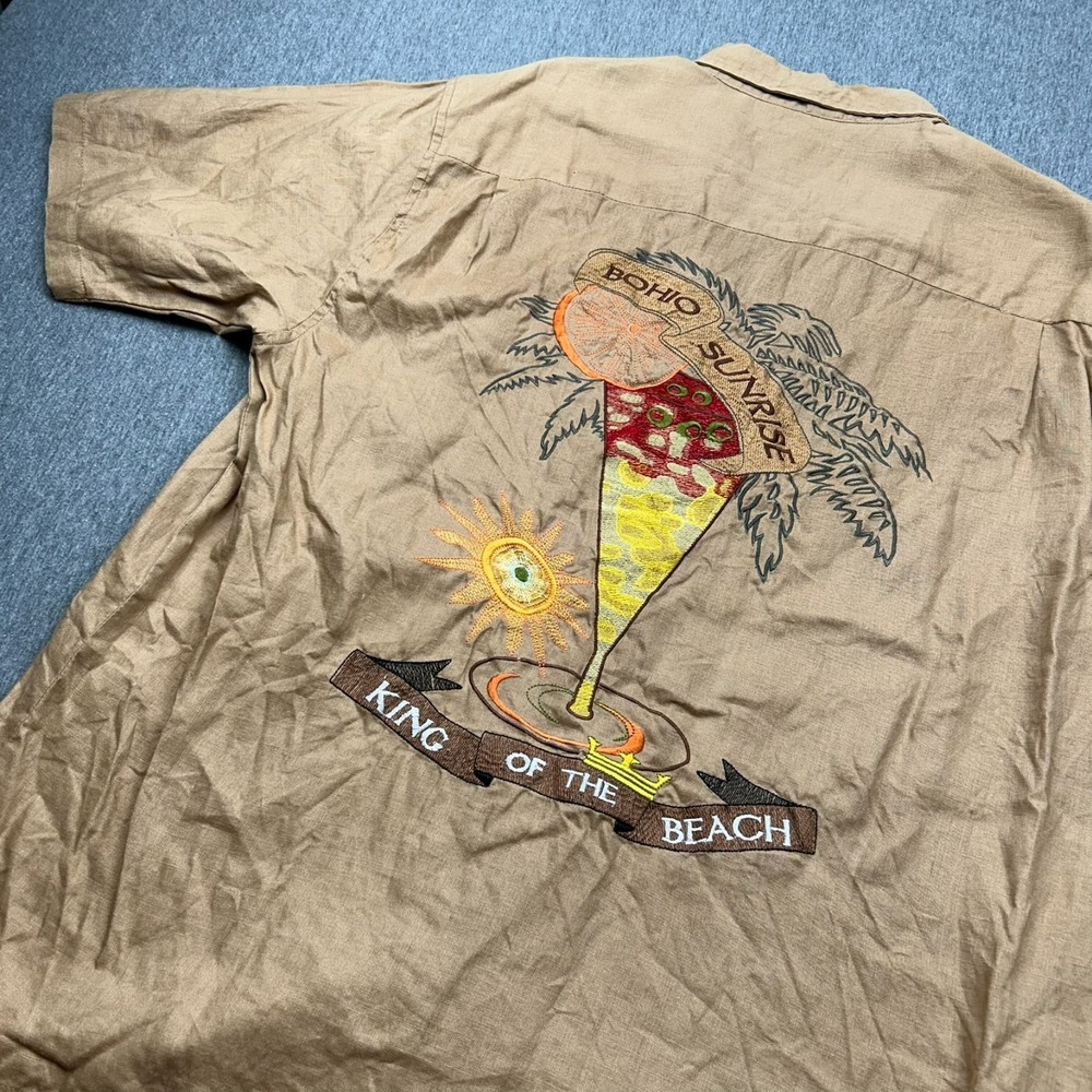 King of the Beach‎ Embroidered Hawaiian Camp Shirt Mens Large Beige Linen Bohio